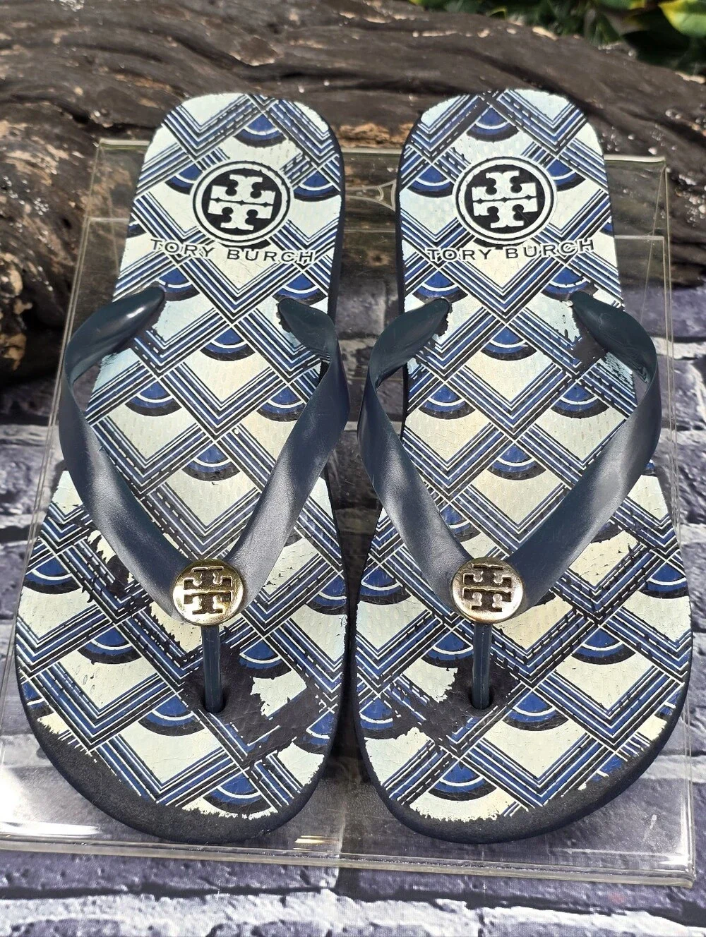 Tory Burch Blue & White Geometric Logo Print Flip Flop Sandals w/ Gold Medallion